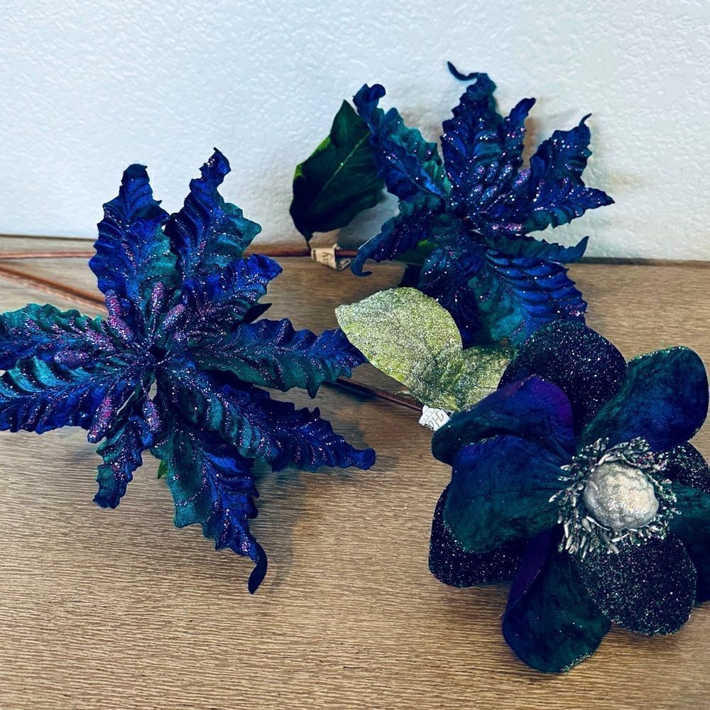 Peacock Teal Purple Velvet Floral Flower Stems 3-pc Lot